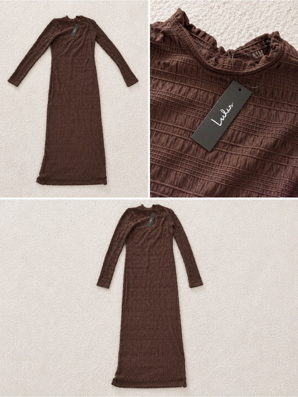 Lulu's Chocolate Brown Long Sleeve Textured Maxi Dress